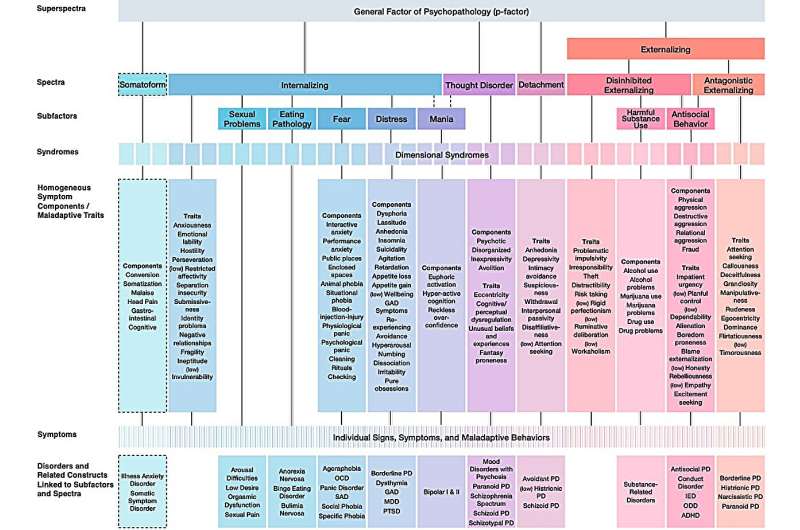Hierarchinė psichopatologijos taksonomija. Kreditas: Europos asmenybės žurnalas (2025). Doi: 10.1177/08902070251352590 Nauji duomenų mokslo metodai gali pagerinti asmenybės ir psichopatologijos supratimą