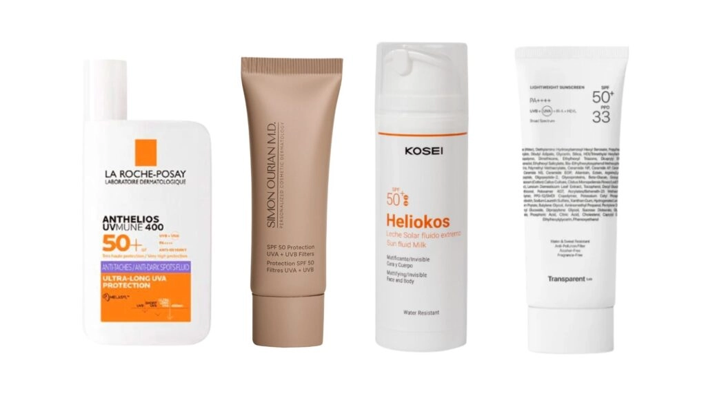 Iš kairės į dešinę: Anthelios UvMune 400, iš La Roche-Posay; SPF 50 Protection UVA + UVB filtrai, Simon Ourian MD; Heliokos, iš Kosei; Nematomas kremas nuo saulės Spf50+, iš Transparent Lab.