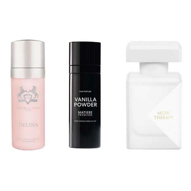 „DeLina Hair Mist de Parfums de Marly“, vanilinių miltelių plaukų kvepalai, kuriuos sukūrė „Matière Première“ ir „Musk Therapy“ plaukų rūkas iš Paryžiaus prekės ženklo „Initio parfums Privés“ (visa tai galima įsigyti „Isolée“ parduotuvėje).